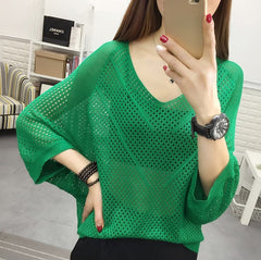 Hollow-out Short-sleeved Loose Knitted Shirt V-neck