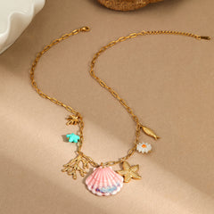 Fan Shell Starfish Ocean Vacation Style Necklace Stainless Steel Plated 18K