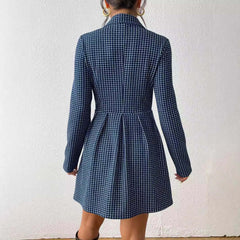 Fashion Plaid Temperament Commute V-neck Long Sleeve Skirt Coat in dark blue, showcasing the back detail.