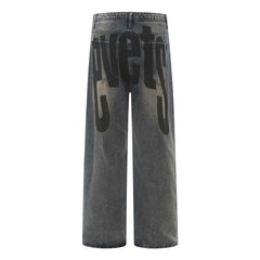 High Street American Washed Distressed Letters Printed Jeans For Men And Women