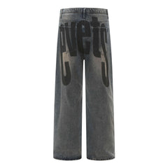 High Street American Washed Distressed Letters Printed Jeans For Men And Women