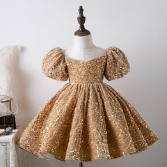 Bubble Sleeve Princess Dress Sequined Western Style Baby Girl Birthday Party Girl Costume