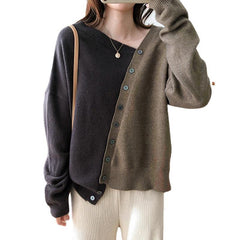 Diagonal Button Design Sense Contrast Color Long Sleeves Knitwear For Women