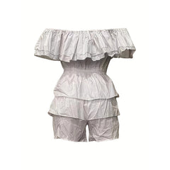 Womens Sexy Off Shoulder Rompers Summer Ruffle Short Sleeve Tiered Short Jumpsuits