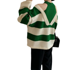 Korean Style False Two-piece Halter Off-the-shoulder Loose Striped Sweater