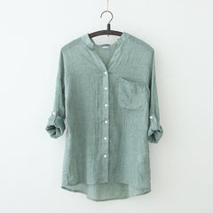 Sun Protection Japanese Fresh Loose Cotton And Linen Stand Collar Shirt