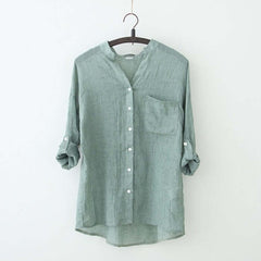 Sun Protection Japanese Fresh Loose Cotton And Linen Stand Collar Shirt