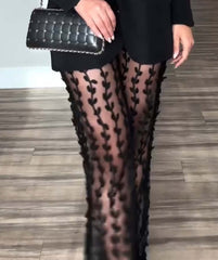 Long Sleeve Suit Midriff Outfit Two-piece Loose Women featuring stylish black pants with floral design details.