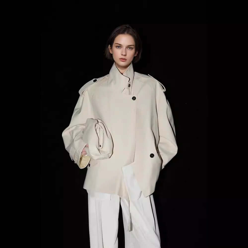 Loose Wide Retro British Trench Coat in khaki color, featuring a relaxed fit and stylish design.