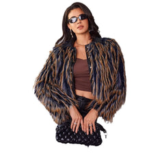 Women's Fur Coat Winter Warm Contrast Color with navy blue and brown fur, styled with sunglasses and a handbag.