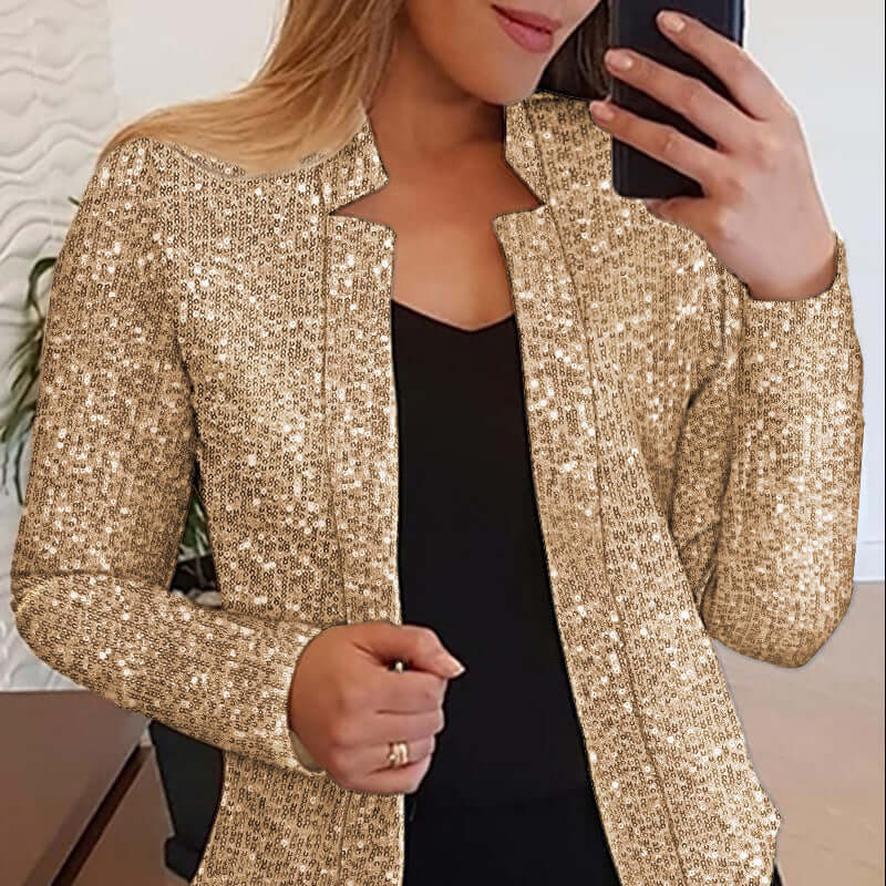 Women's Gold Color-blocking Sequin Short Chic model wearing champagne sequin coat with long sleeves