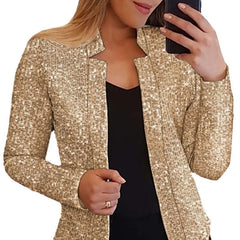 Women's Gold Color-blocking Sequin Short Chic in champagne color, showcasing a slim fit and long sleeves.