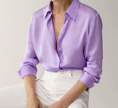 Satin Plain Lapel Long Sleeve Shirt