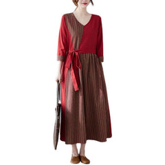 Long Sleeve V-neck Stitching Cotton And Linen Plus Size Slimming Dress Women