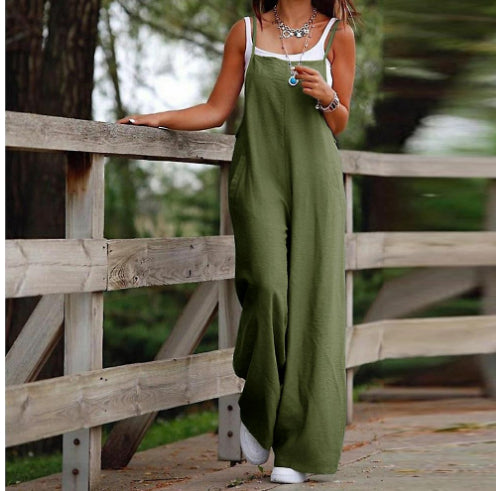 Women's Dark Green Casual Suspender Wide-leg Jumpsuit