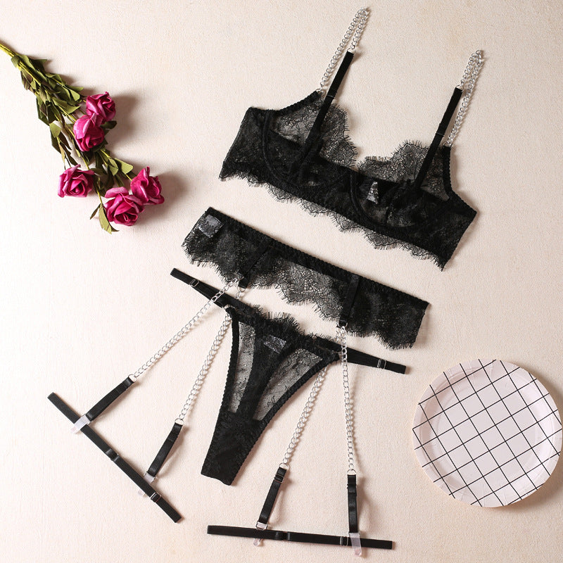 Sexy Lace Bra Fashion Metal Chain Garter Underwear Sets