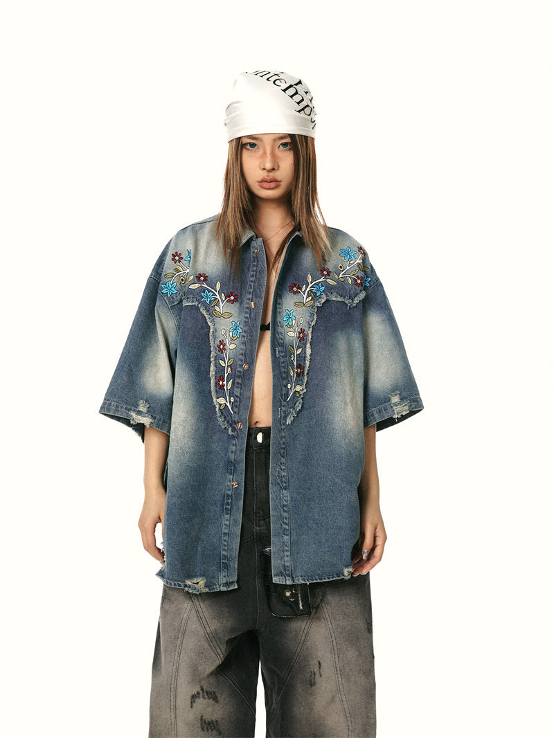Washed-out Vintage Stitching Embroidered Floral Denim Shirt