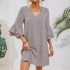 Cross Border Foreign Trade Popular V-neck Loose Printed Floral Bell Sleeve Dress