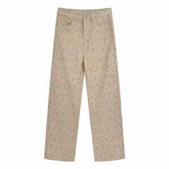 Apricot Floral Jeans Women Loose Wide-leg Straight Trousers