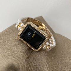 Silver Black Square Pearl Bracelet Diamond Fashion Quartz Watch