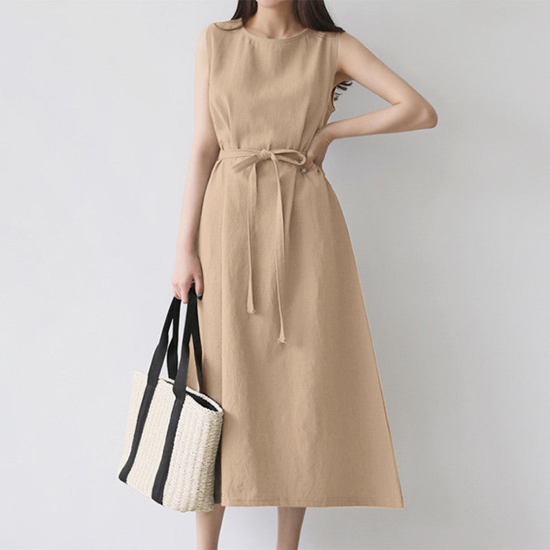 Women's Sleeveless Round Neck Solid Color Cotton And Linen Dress