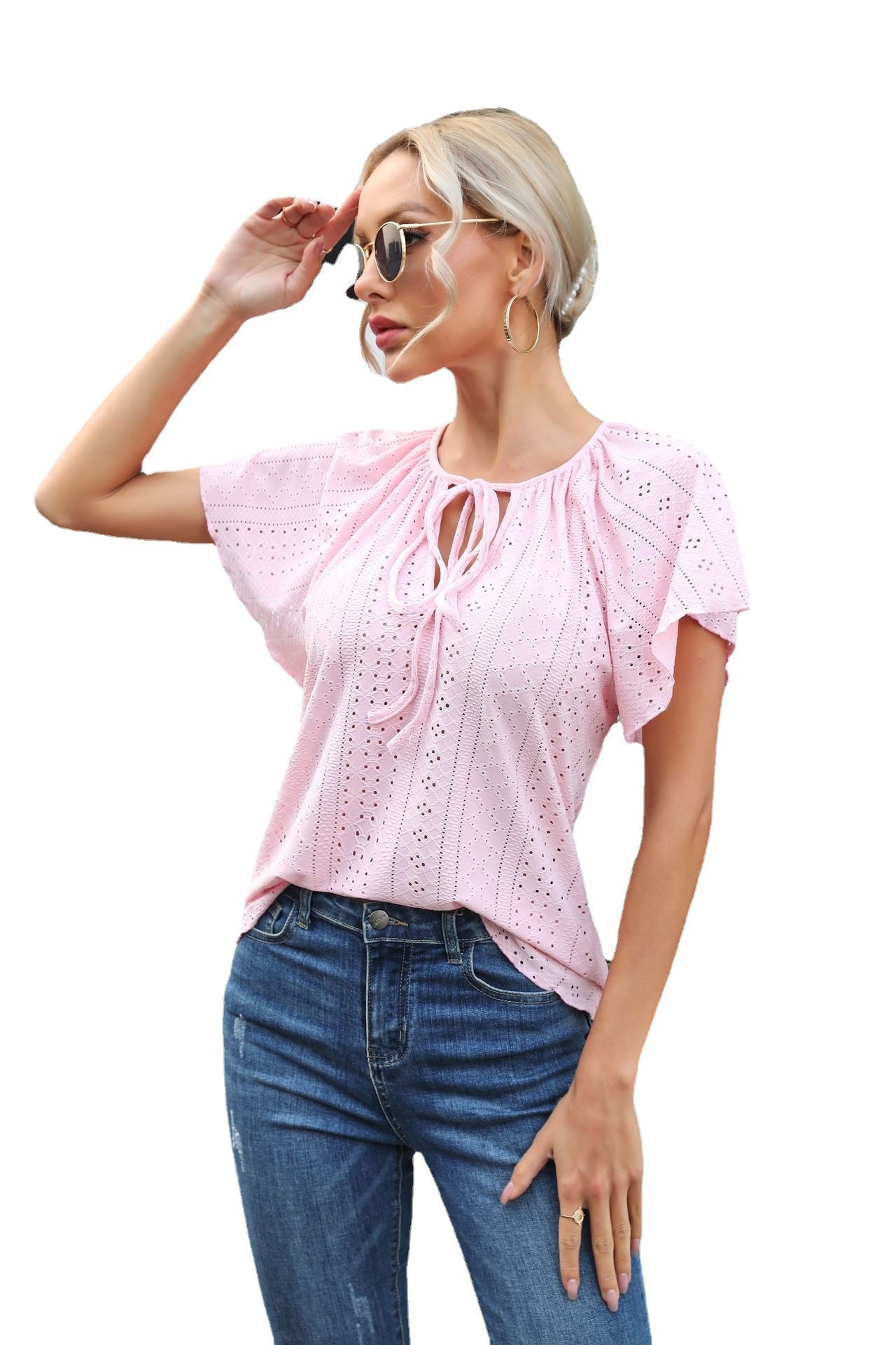 Hollow Jacquard Ruffled Raglan Sleeve Lace-up Short Sleeve Top