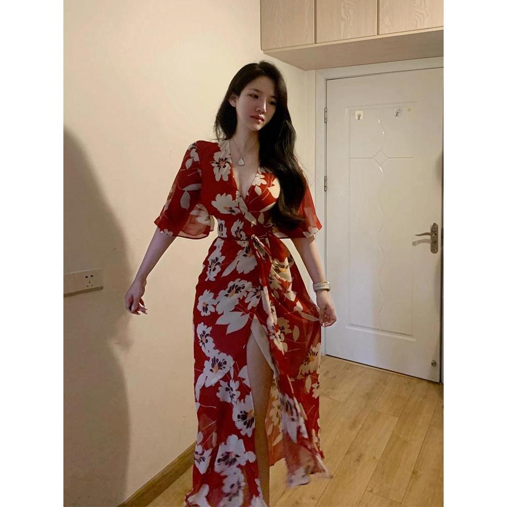 Plus Size Red For Women Printed V-neck Dress