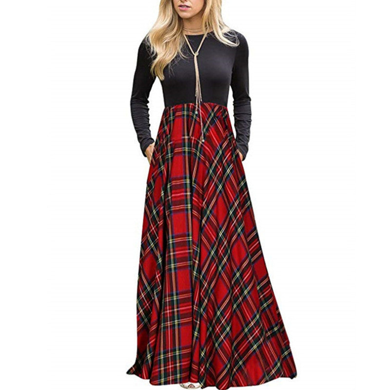 Printed Plaid Pocket Milk Silk Round Neck Long Sleeve Big Sleeve Dress