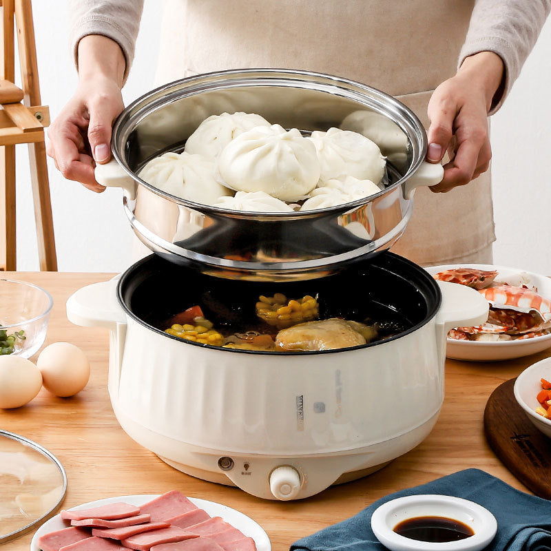 Household electric cooker pot 1.7L – 800W steamer 20cm beige front view