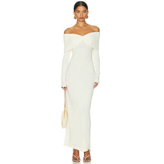 European And American Solid Color French Style Off-shoulder Tube Top Long Sleeve Dress Women