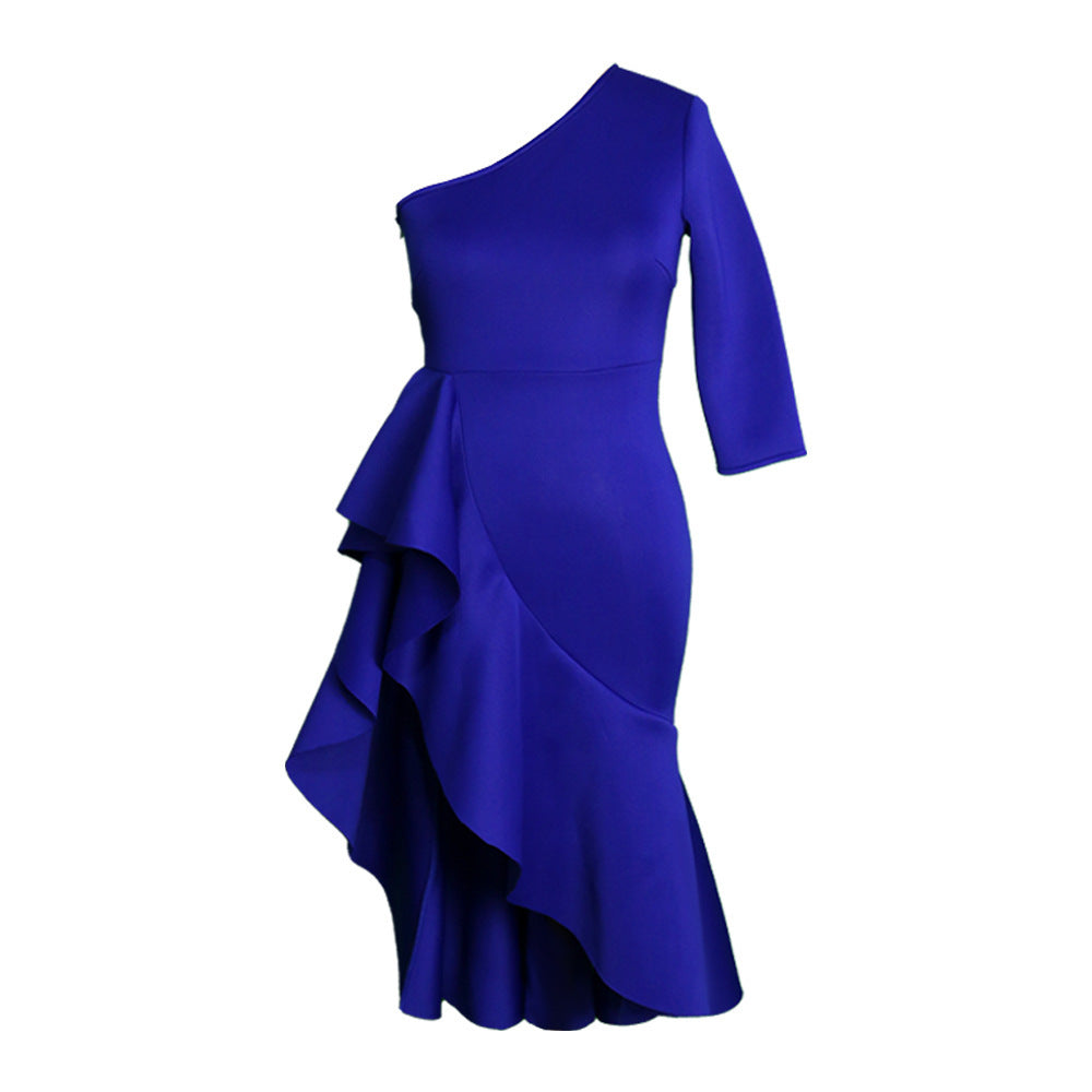 One Shoulder High Waist Large Size Slim Irregular Ruffle Gown Dress