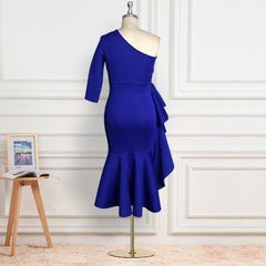 One Shoulder High Waist Large Size Slim Irregular Ruffle Gown Dress