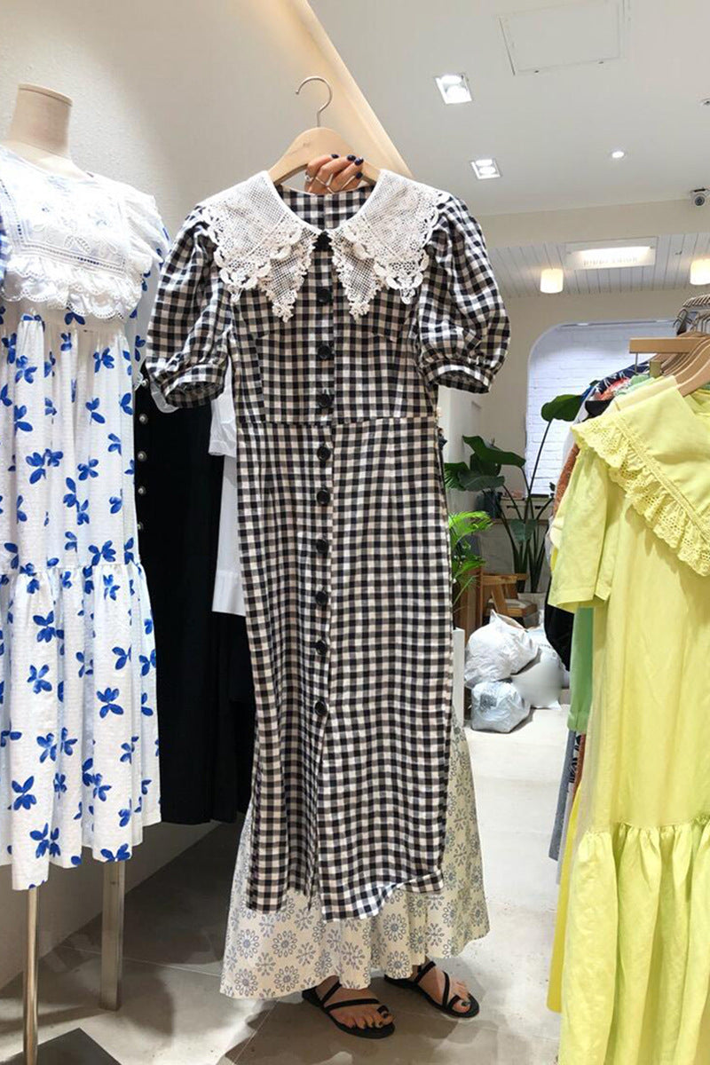 Summer New Temperament Lace Stitching Doll Collar Short Sleeve Dress Women