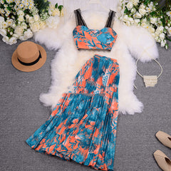 Vacation Style Suit Sexy Lace Camisole Pleated Skirt