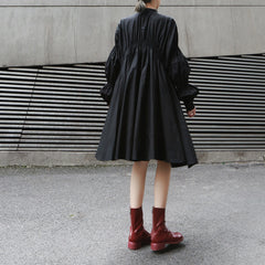 Pleated Shirt Stand Collar Lantern Long Sleeve Irregular Dress