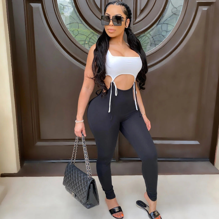 Hollow Out Patchwork Jumpsuit Rompers Trousers New Sexy Women Sleeveless