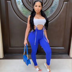 Hollow Out Patchwork Jumpsuit Rompers Trousers New Sexy Women Sleeveless