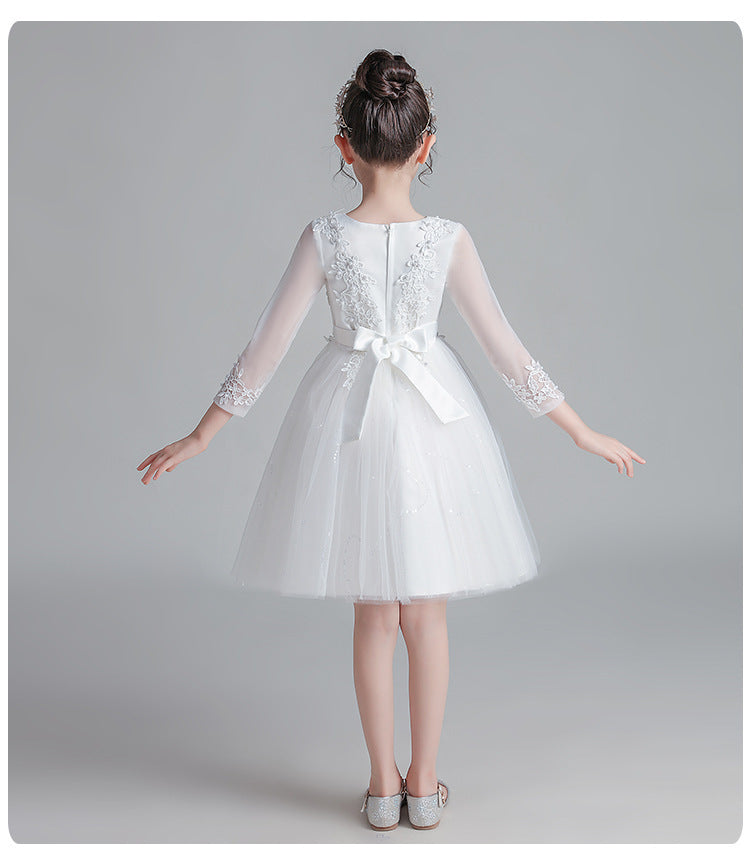 Short Long-Sleeved Champagne Girl's Puffy Catwalk Gown