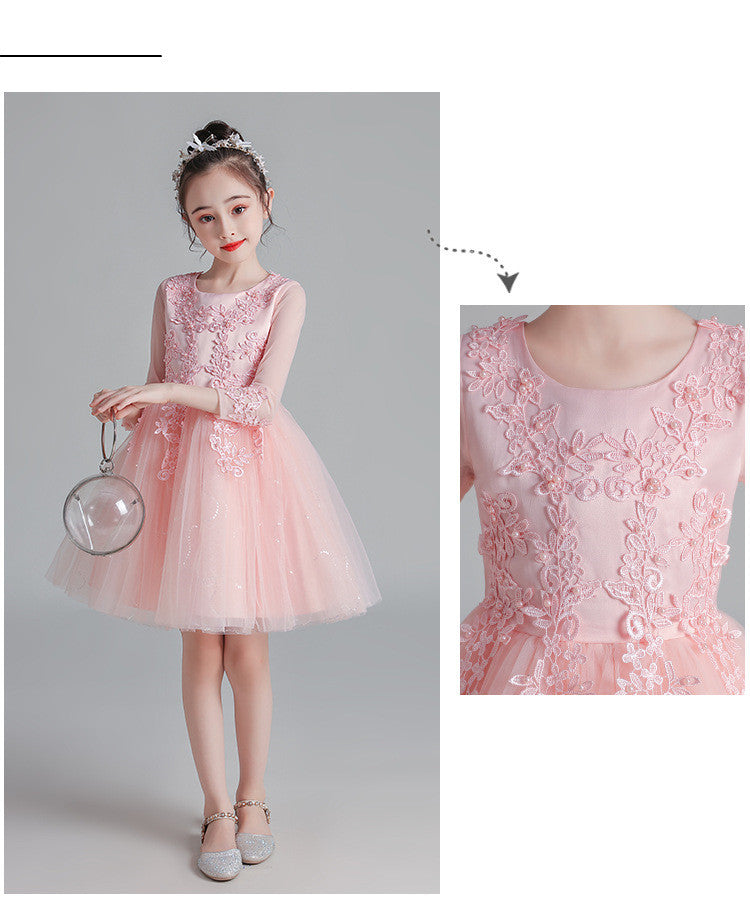 Short Long-Sleeved Champagne Girl's Puffy Catwalk Gown
