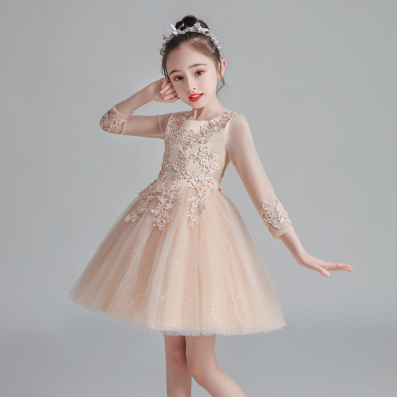 Short Long-Sleeved Champagne Girl's Puffy Catwalk Gown