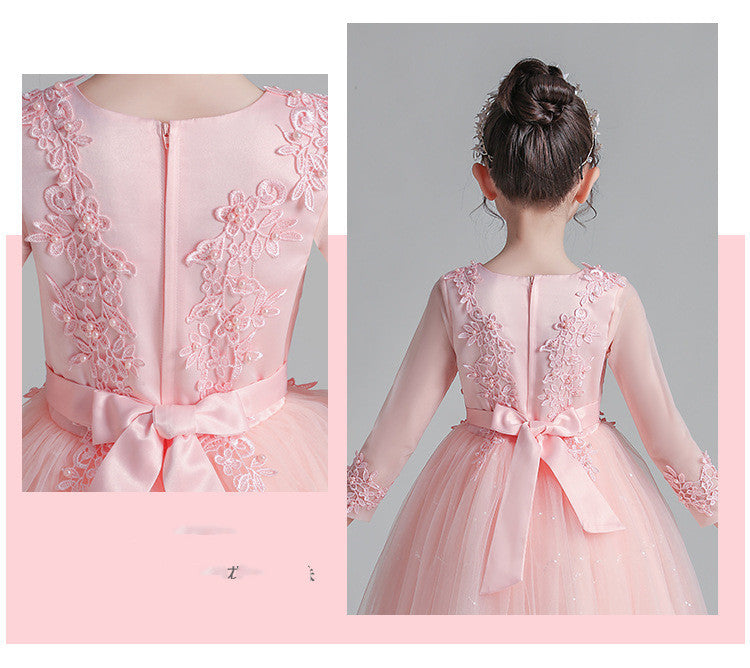 Short Long-Sleeved Champagne Girl's Puffy Catwalk Gown