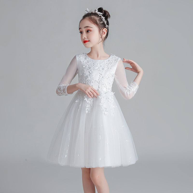 Short Long-Sleeved Champagne Girl's Puffy Catwalk Gown