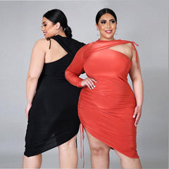 European And American Black Round Neck Solid Color Irregular Large Size Dress