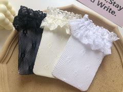 Girls Lace Net Stockings Middle Socks Milky White Loli Four-Leaf Clover Lace Socks Calf