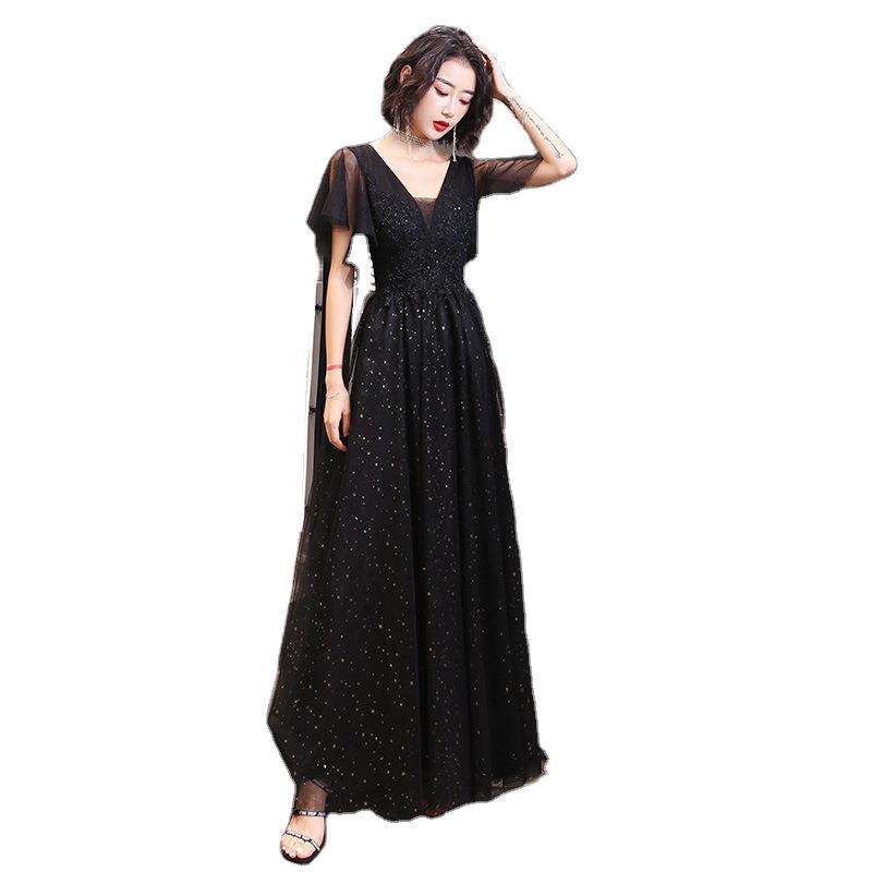 Evening Dress Female New Black Long Section V-Neck Party Slim Slim Sequin Dress Banquet Evening Dress