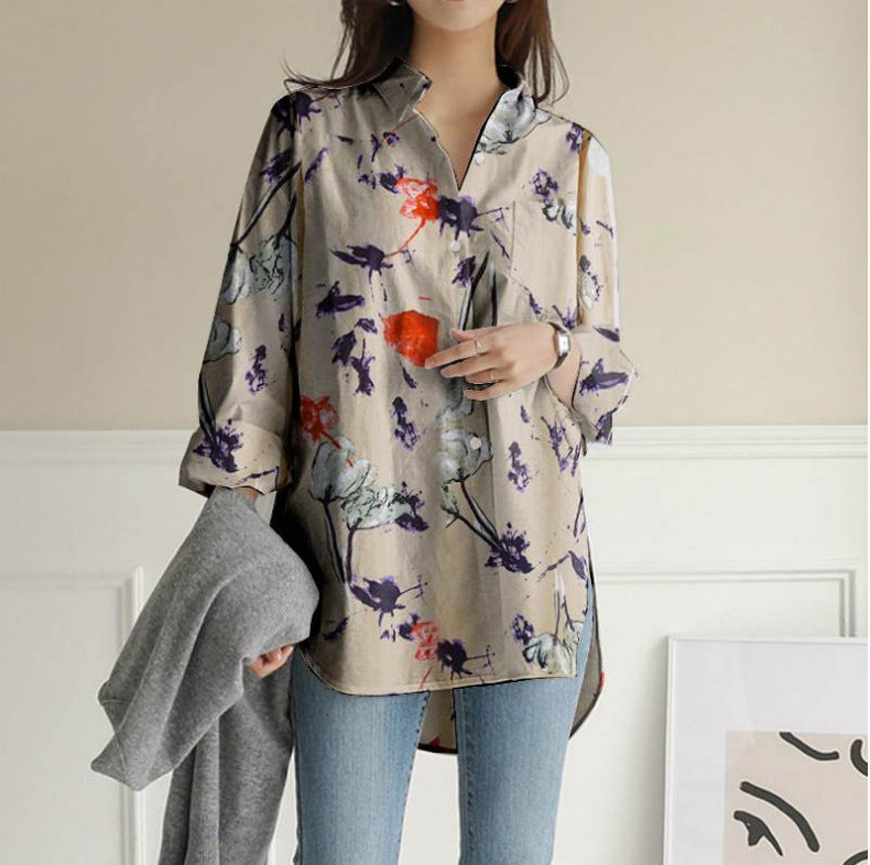 European And American Long-Sleeved Loose Large Size Casual Irregular Printed Blouse