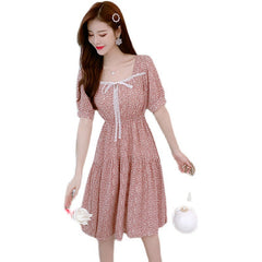 Summer Dress Korean New Waist Sweet Floral Short Sleeve Skirt Temperament Baby Collar Chiffon Dress