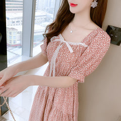 Summer Dress Korean New Waist Sweet Floral Short Sleeve Skirt Temperament Baby Collar Chiffon Dress
