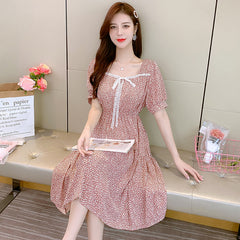 Summer Dress Korean New Waist Sweet Floral Short Sleeve Skirt Temperament Baby Collar Chiffon Dress