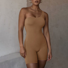 Shoulder Solid Backless Women Rompers Workout Female Elastic Playsuits